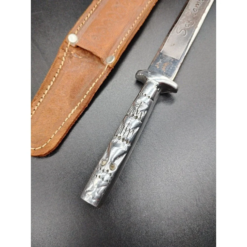 Vintage 9” Mexican Souvenir Dagger Aluminum Tribal Handle Engraved Blade Sheath